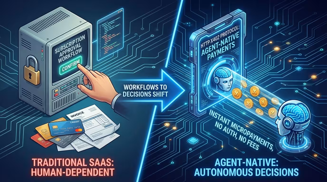 The workflows to decisions shift: Traditional SaaS human-dependent approval workflows versus agent-native autonomous payment decisions